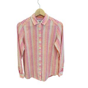 Foxcroft Womens Relaxed Fit Linen Striped Button-Down Shirt Size 4 Multicolor